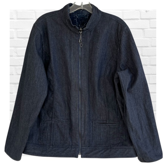 Chico’s Reversible Jean Jacket Animal Print Blue Zip Front Plus Size Denim - Picture 4 of 11